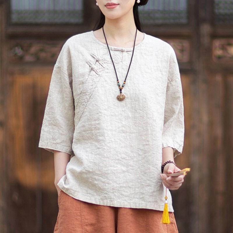 Johnature Women Vintage T-Shirts Summer Chinese Style Solid Color Loose O-Neck Seven Sleeve T-Shirts