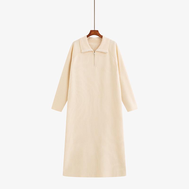 

2025 Winter Plus Size Women s Zipper Knit Dress: Casual Half-High Collar Skirt for Chubby Girls XXL (Approx. 75-90 kg) абрикосовый