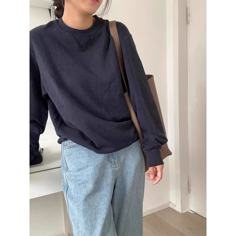 

Navy Blue round Neck Fleece-lined Hoodie Women Autumn and Winter New Product Korean Series Loose Feeling Casual Simplicity Inner wear Top Tide Navy blue Fleece-lined L