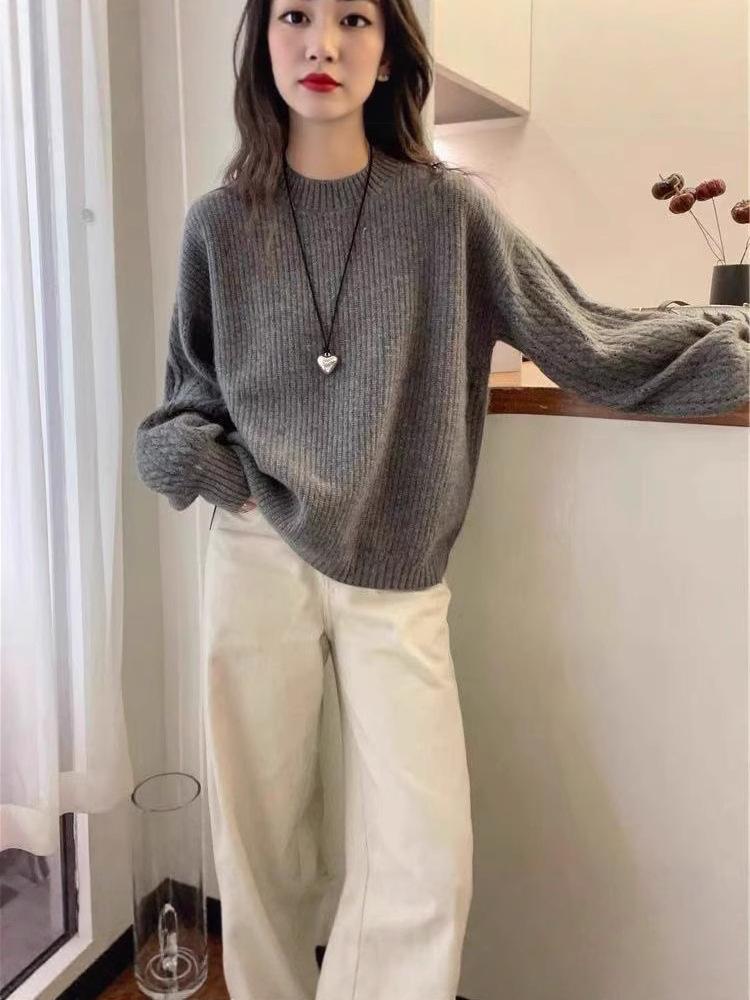 Women's Heavyweight Wool Round Neck Sweater, Autumn/Winter Korean Style, Twisted Cable Knit, Long Sleeve, Warm Cashmere Base Layer