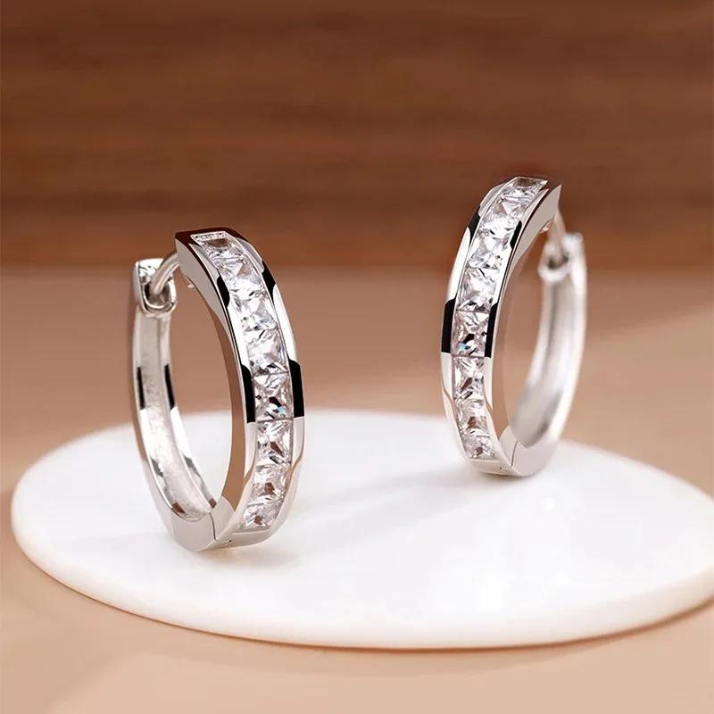 925 Silver Zircon Circle Earrings for Women Elegant Round Jewelry Shining Party Gifts Fashionable Birthday Present