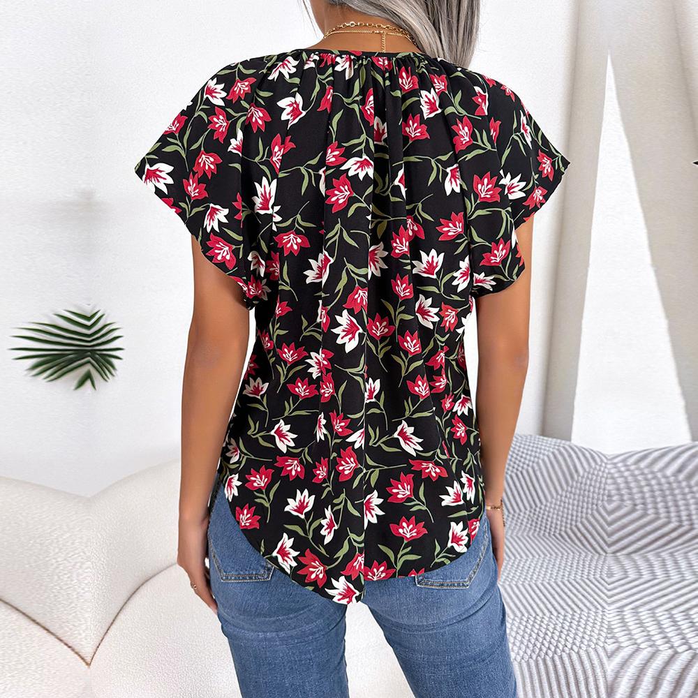 Frauen Frühling Sommer Lose Rüschen Spitze Up Chiffon Top Für Damen O Neck Fliegende Ärmel Floral Blusen