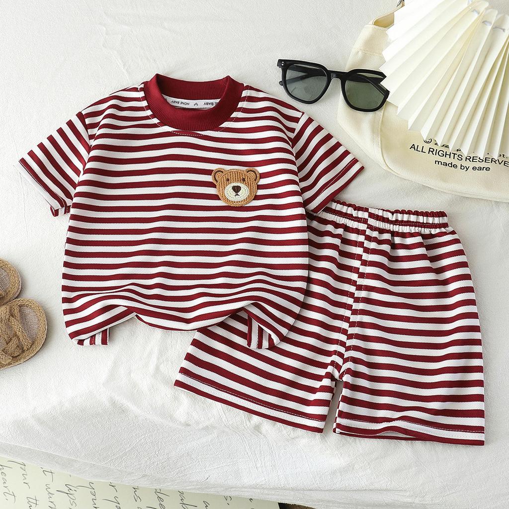 Jungen Schwarz-Weiß Gestreiftes T-Shirt mit Bär und Schlüsselmotiven - Kurzarm Sommer Baumwoll Oberteil