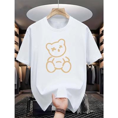 European Sizes Men's Casual Bear Print T-Shirt - Crew Neck, Short Sleeve, Summer Fashion Top, Machine Washable