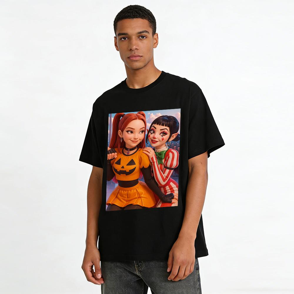 Halloween Themed Pumpkin Clown Double Girls Print Top Casual Loose Crew Neck Pullover Pure cotton T-shirt