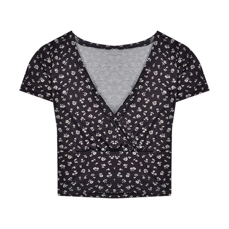 2024 Women's Floral Deep V-Neck Crop Top: Short-Sleeve Casual Summer Shirt