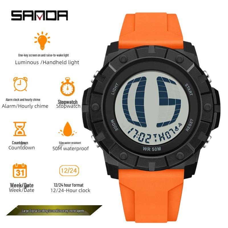 Sanda Multifunctional Waterproof Luminous Electronic Watch for Students – Unisex with Raise Hand Light Feature.