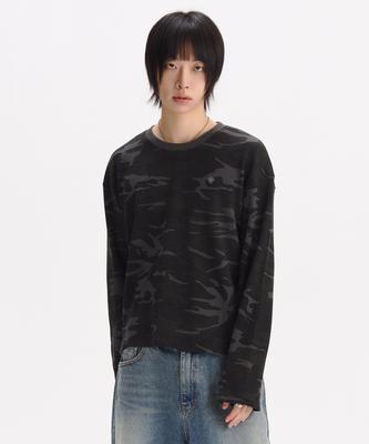 SLOW RECORD HOUSE Fingerhole Crop Long Sleeve_Camo (Charcoal)