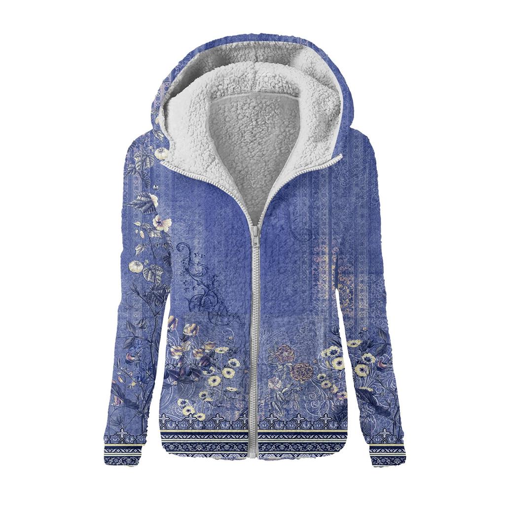 Women's Fashion Retro Floral Print Hooded Plush Casual Top Zipper Jacket