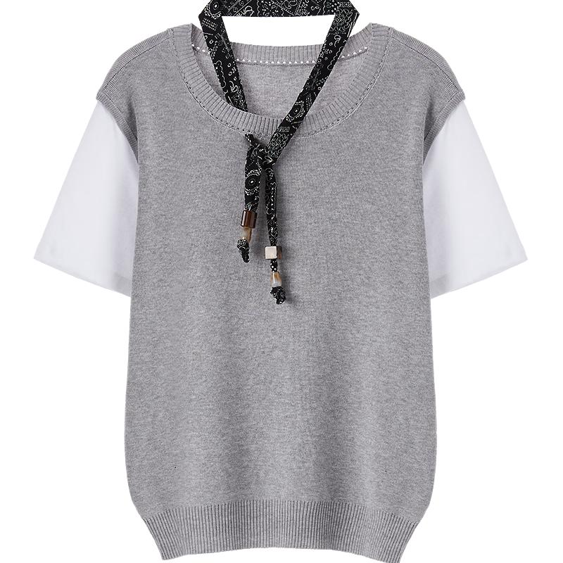 Baitu Women's Faux Two-Piece Short Sleeve Knit Top