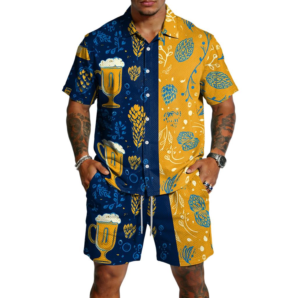 Men's Casual Short Sleeve Shirt and Shorts Set Beer Festival Print Lightweight Breathable Summer Outfit for Outdoor Activities