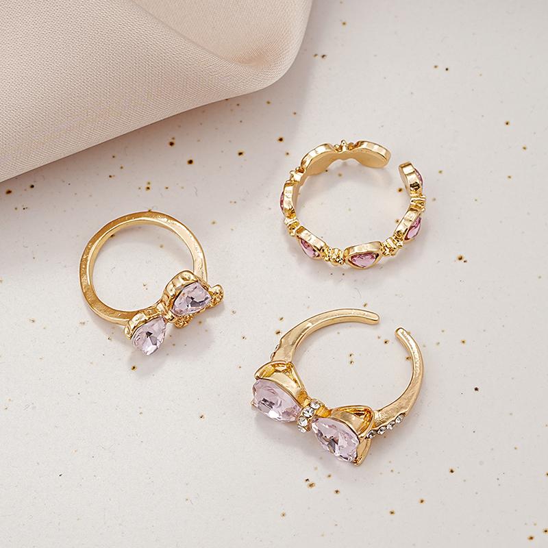 Vintage Y2K Pink Heart Zircon Bowknot Ring For Women Boho Kpop Sweet Girls Open Finger Rings Party Gift Jewelry