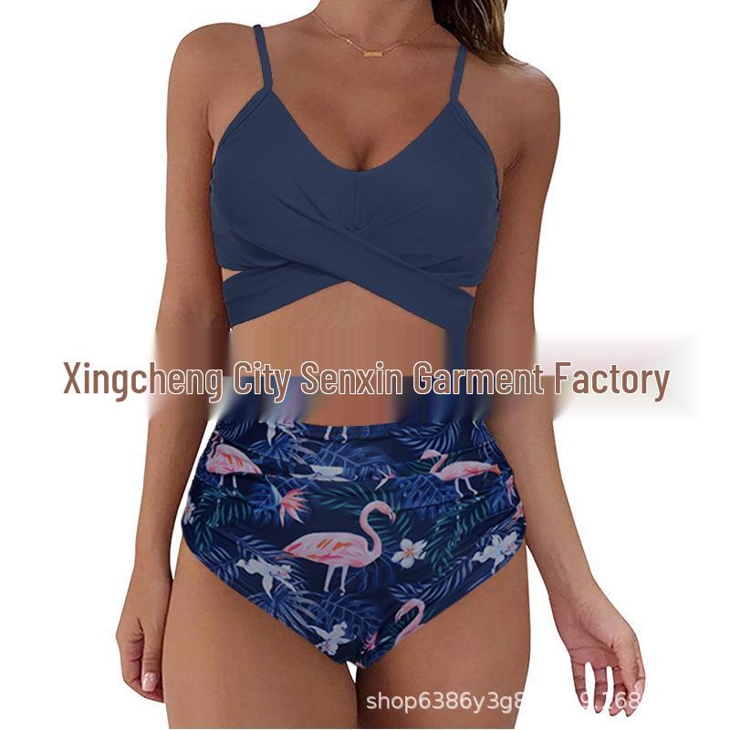 European & American Trendy Leopard Print High Waist Split Bikini Swimsuit for Women S