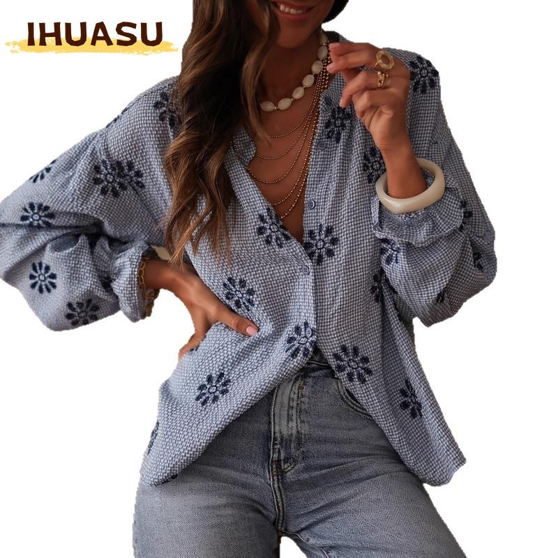 IHUASU Women's Fashion V-Neck Long Sleeve Casual Blouses & Shirts