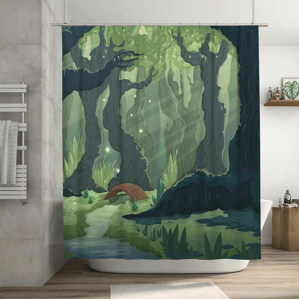 Eco-Friendly Bathroom Decor Shower Curtain with Nature-Inspired Artwork Green Forests Mossy Trees for Your Bathtub or Kitchen