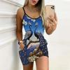 Summer New Peacock Peacock Feathers  Pattern Print Sleeveless Bodycon Dress with Pockets Sexy Slim Fit Elegant Party Dress