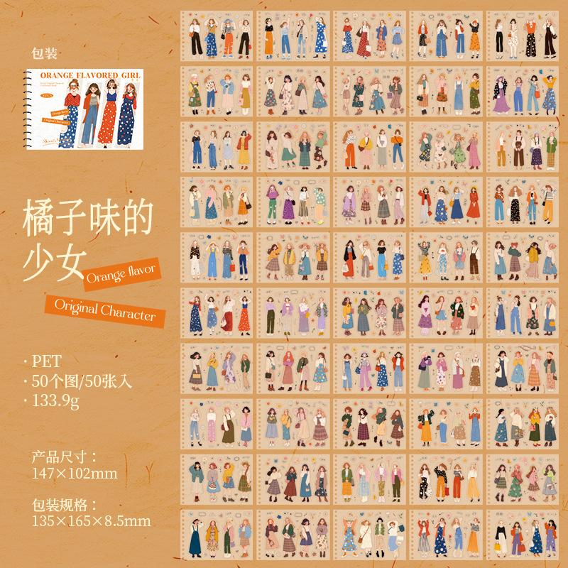 

50 Sheets Youth Girl Cartoon Character Stickers, Sweet Healing Decor, Journal Diary Background Matching Material
