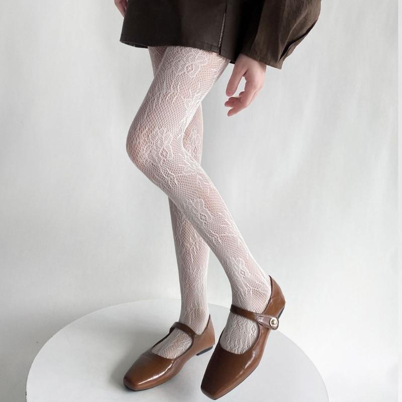 Womens Japanese JK Vintage Flower Jacquard Fishnet Tights Stockings Sexy Hollowed Out Lace Sheer Pantyhose Leggings