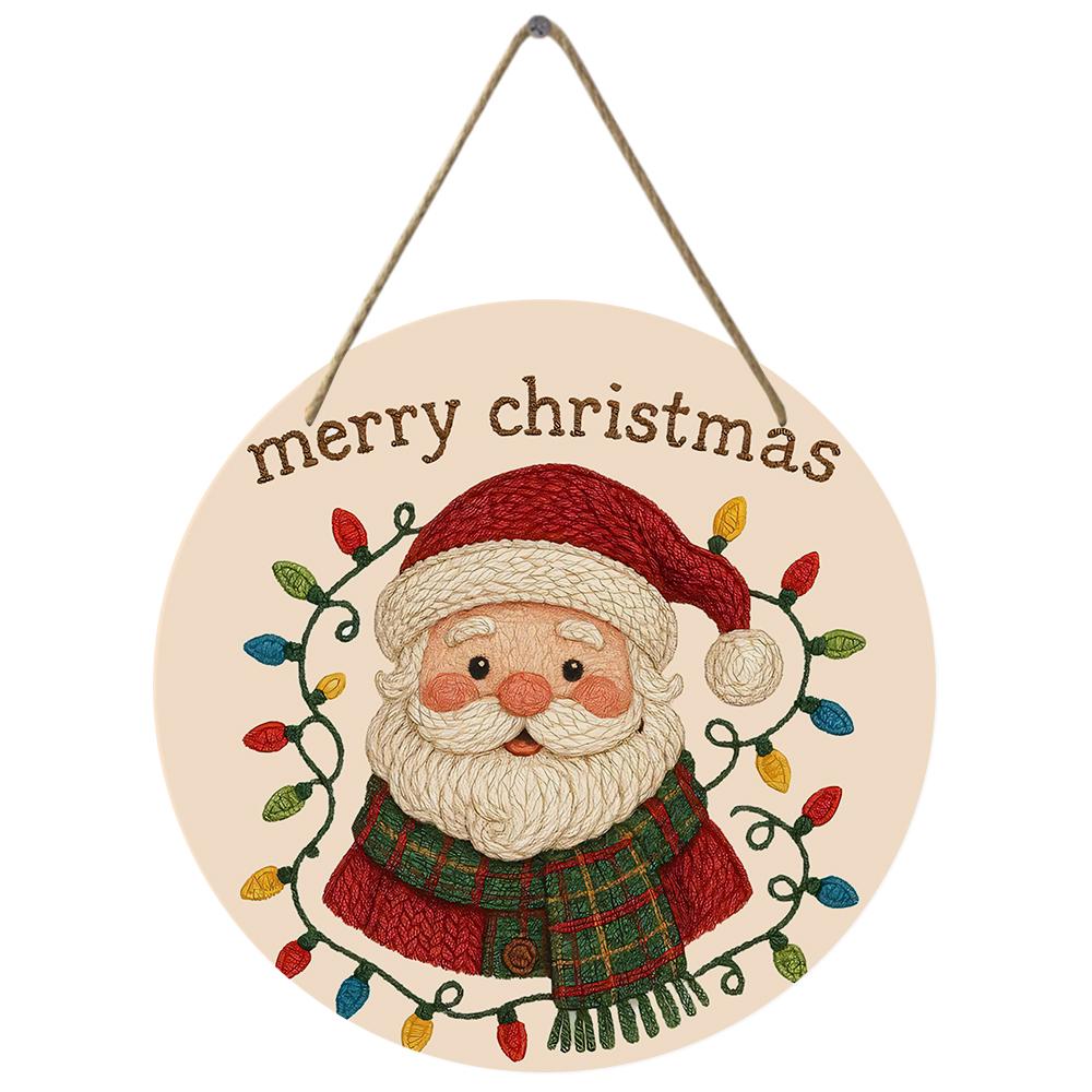Vintage Santa Claus Print Round Wooden Hanging Plaque Natural Solid Wood Texture Wall Decor Door Sign Christmas Festive Home Gift Ornament