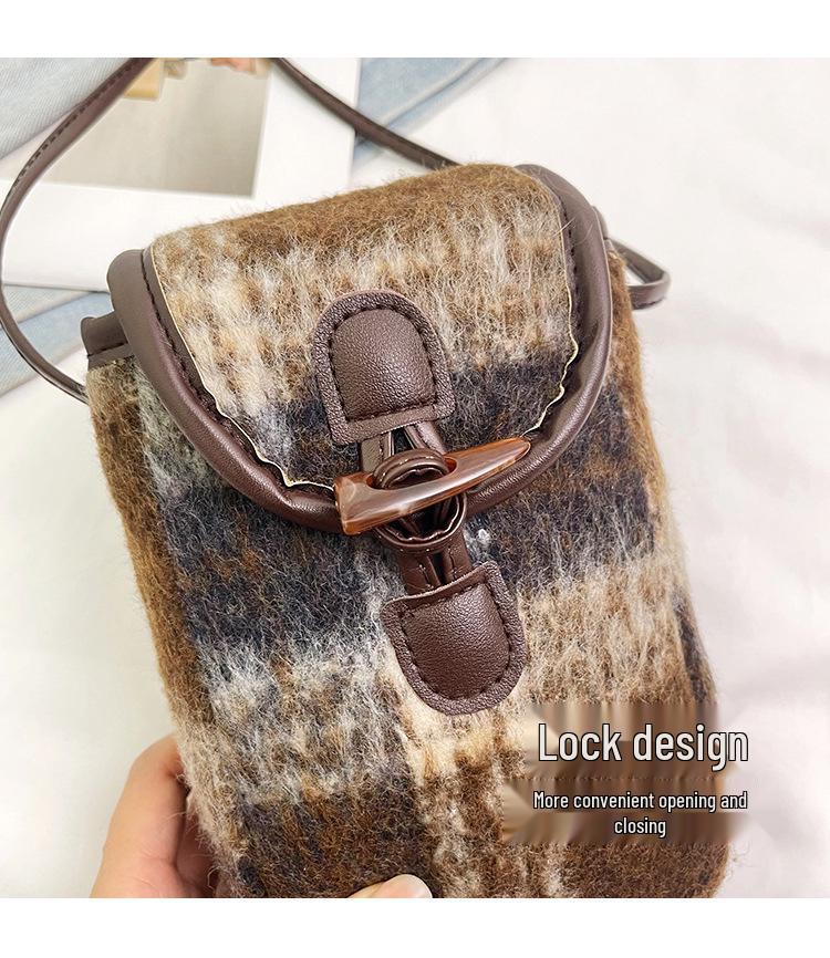 Women's Woolen Plaid Crossbody Mini Phone Bag - Lock Design 2025 Edition