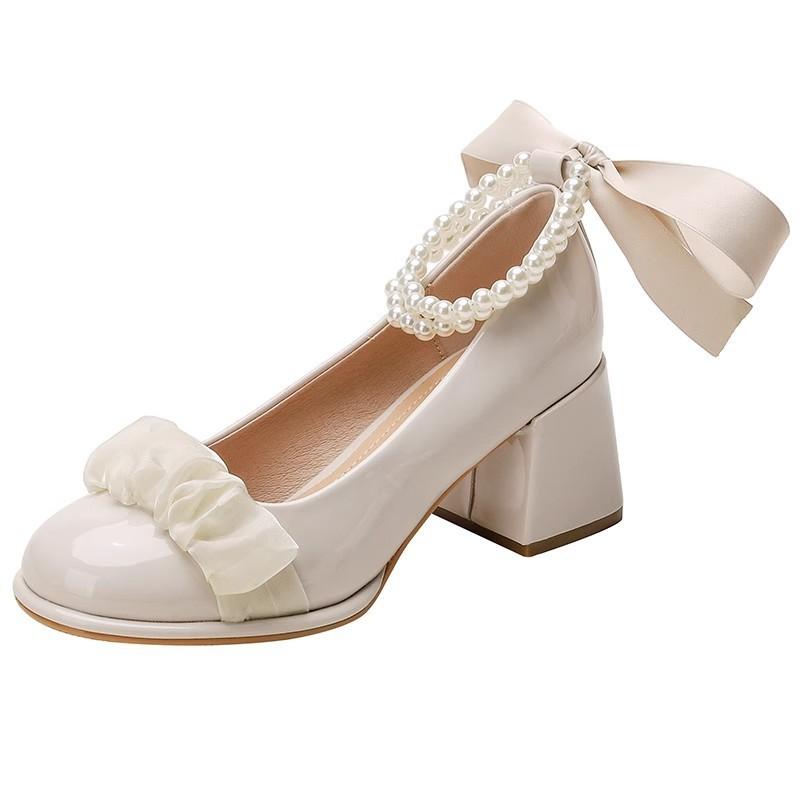 Single Shoes Women's Spring 2025 New Light Mouth Versatile Shoes Pearl Lady Thick Heel Mary Jane High Heels