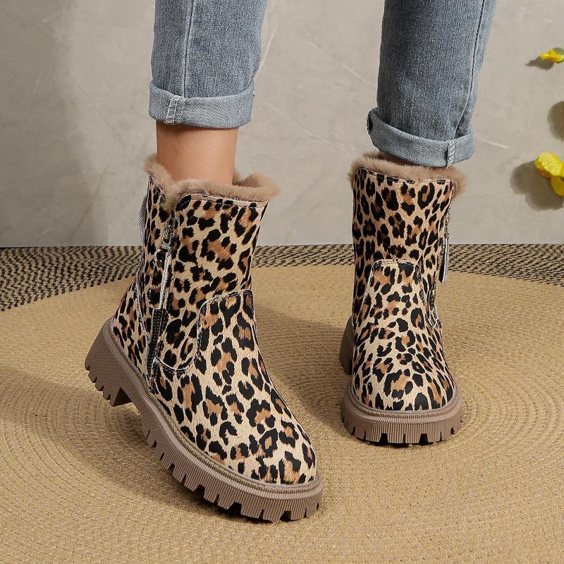 Shoes for Women Fashion Winter New Round Toe Women Boots Leopard Print Short Barrel Chunky Heels Zipper Plus Size Boots Women