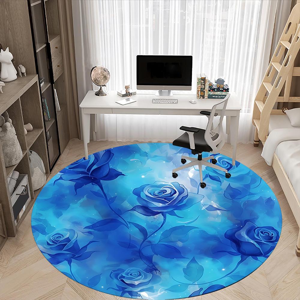 1pc Blue Roses Office Round Rug, Non-slip, Soft and Durable Office Rug for Interior Decoration, Perfect for Office, Beautiful Decoration Yy260324074