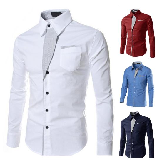 Men Spring Shirt Button Long Sleeves Solid Color Lapel Single-breasted Warm Patch Pocket Plus Size Mid Length Men Top for Office