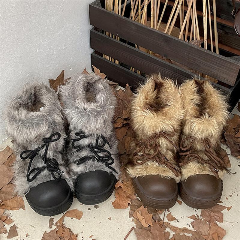 Plush Round Toe Women's Snow Boot Lace-Up Thick Bottom Keep Warm In Winter Women Boots Fashion Outdoors Young