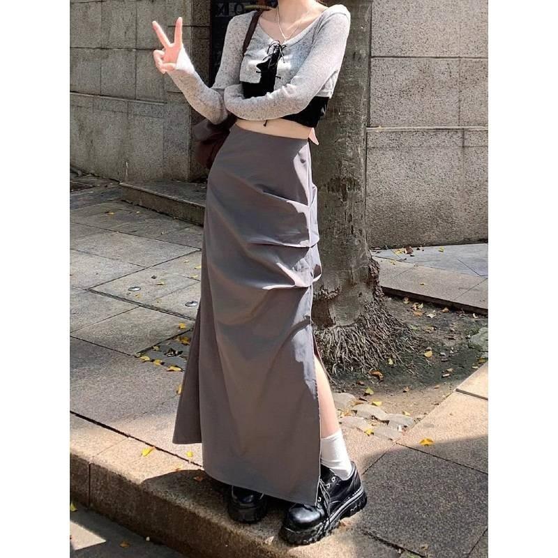Cotton Blend High Waist Pleated Split Midi Skirt For Women Spring Summer