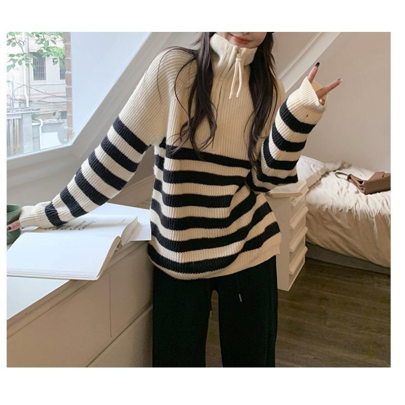 Pruhovaný pulovr se stojáčkem a polovičním zipem pro ženy Podzimní a zimní volný pletený svetr pro ženy