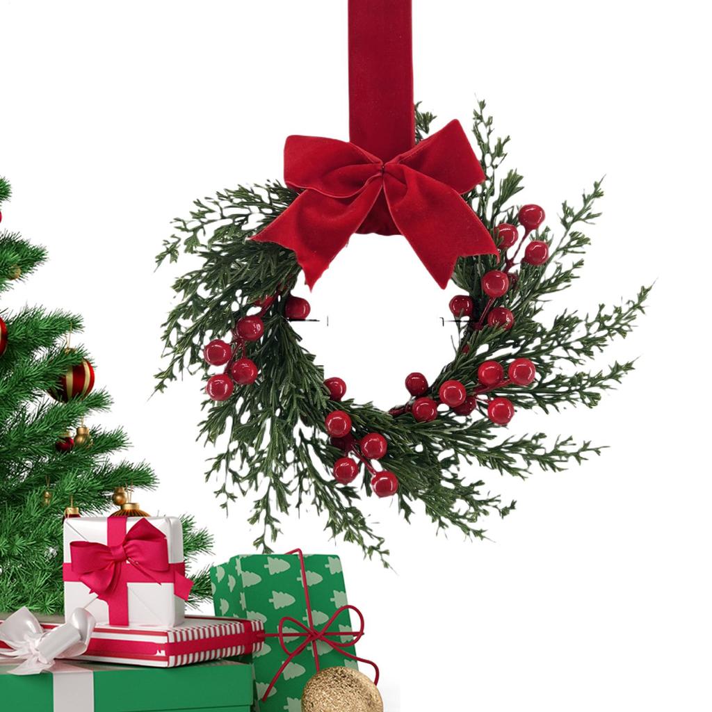 Christmas Wreath With Bow 10 Inch Artificial Holiday Decorations Rustic Wreath Ornament For Front Door Indoor Wall Window Mantel