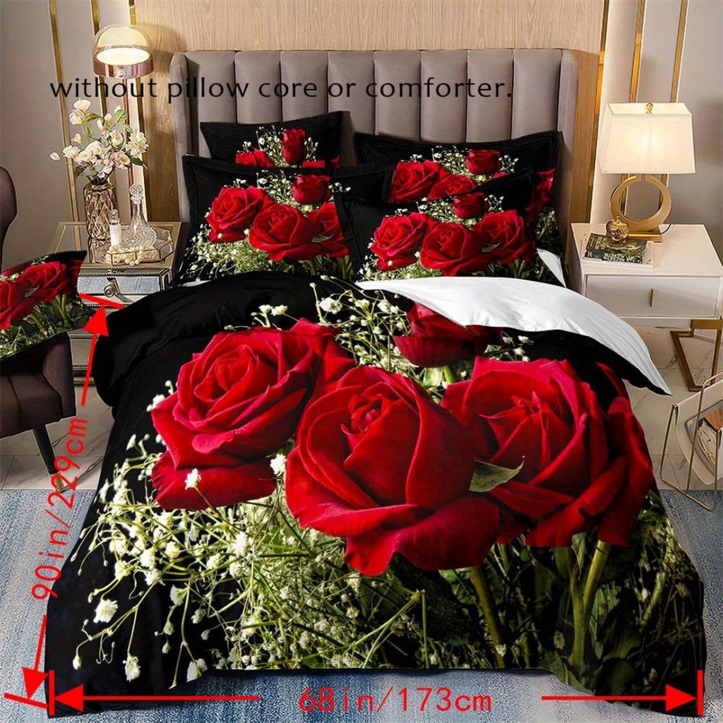 3pcs Romantic Red Rose 3D Printed Bedding Set Cozy Comfortable Duvet Cover King Queen Twin Size Birthday Gift Bedroom Decoration