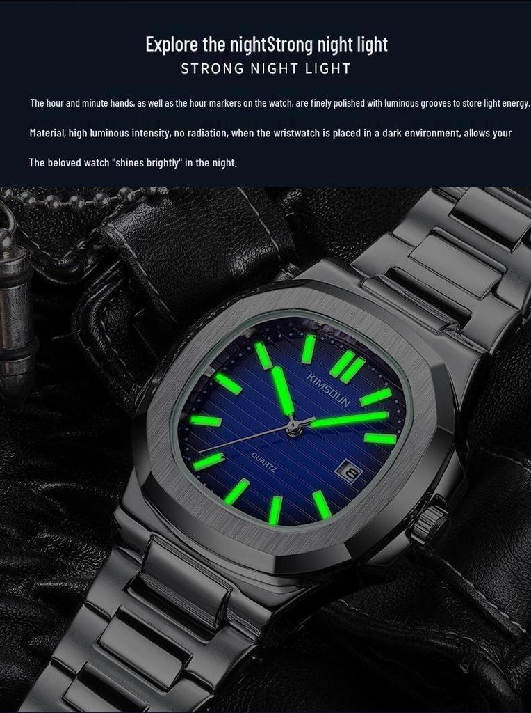 Jin Shidun Men's Luminous Quartz Skeleton Watch with Steel Band and Date Display.