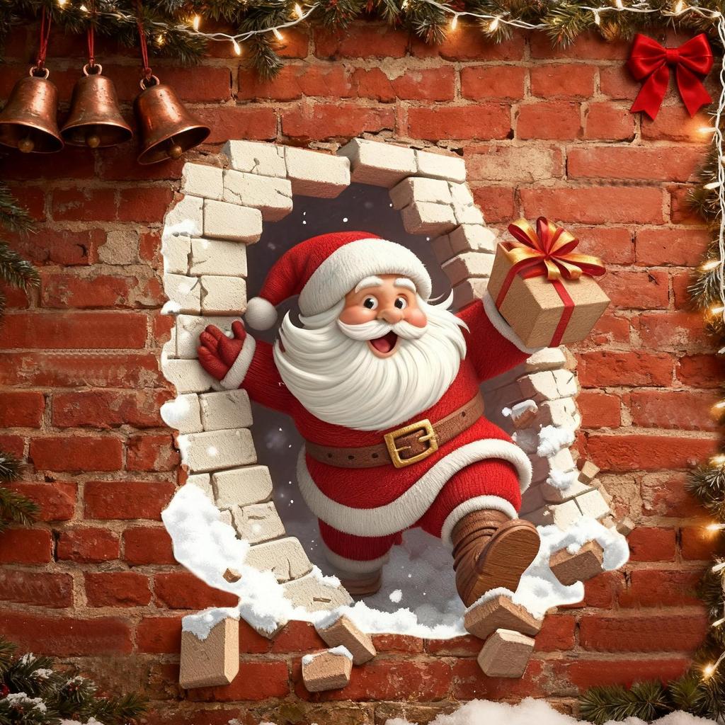 Santa Wall Decal Christmas Santa Breaking Brick Wall Stickers Decor Bathroom Decal for Home Party Living Room Bedroom Bathroom