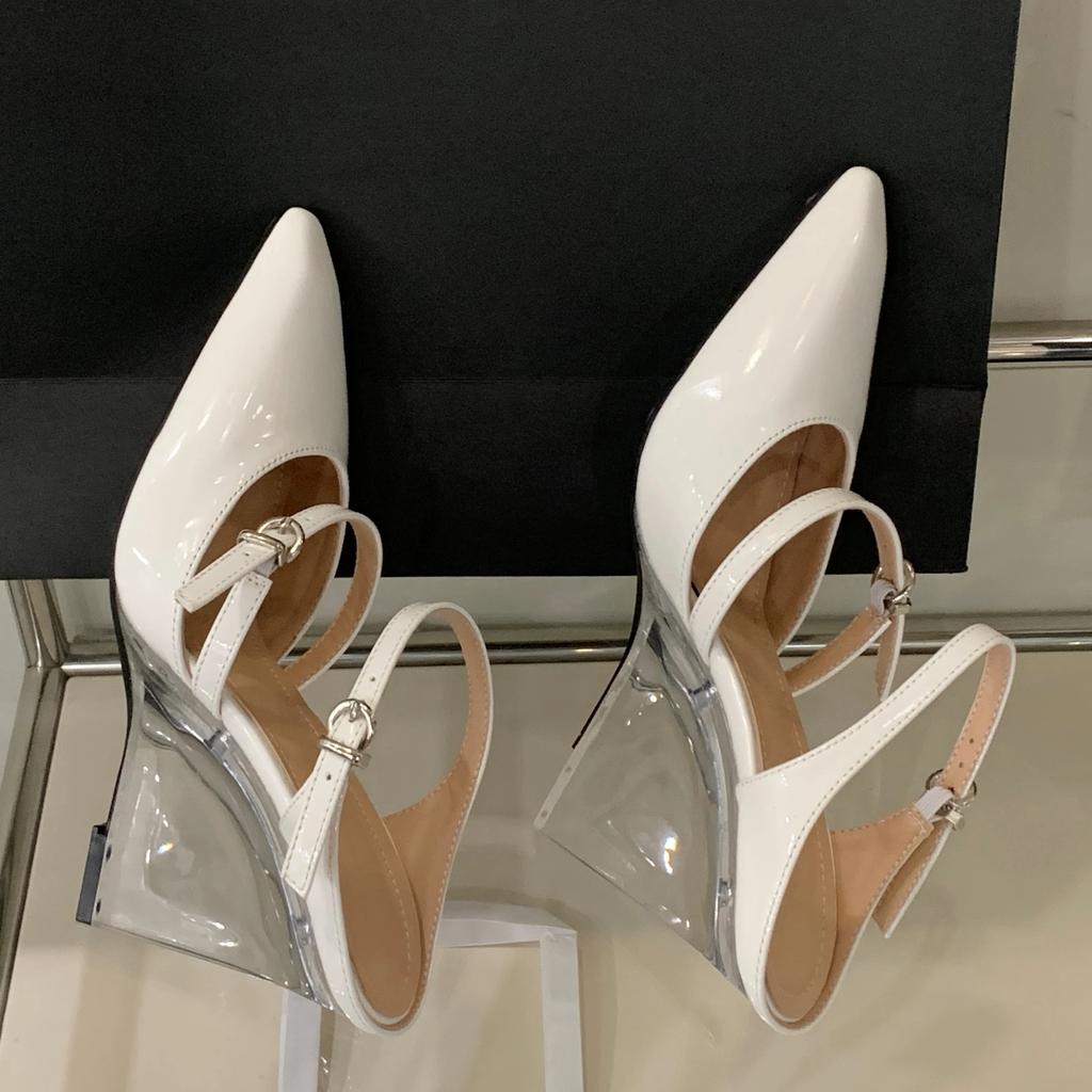 Fashion Designer Buckle Strap Women Slippers Pointed Toe Crystal Wedges Heels Mules Slippers Banquet Party Shoes