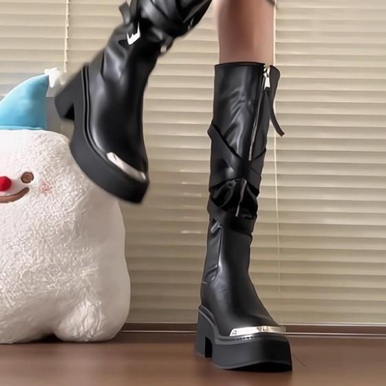 Cowhide version~ pointed metal boots for women wear thin boots but knee boots thick-soled high knight boots