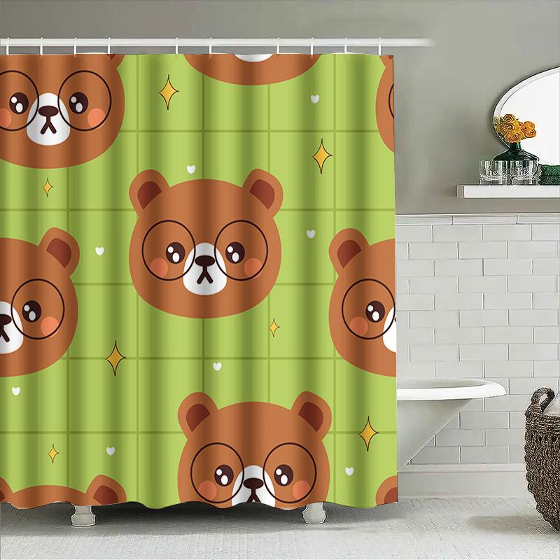 Animal Pattern Shower Curtains Cartoon Bears Design In Green Brown For Bathroom Decorations Waterproof Fabric Material With Ring