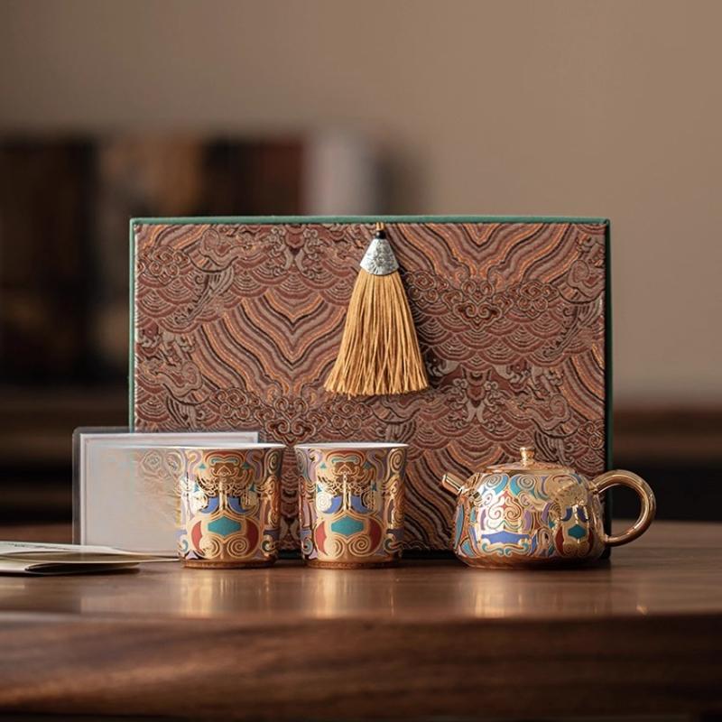 

Dunhuang merchandise one pot two cups tea set gilt ceramic Xishi pot high-end tea set gift