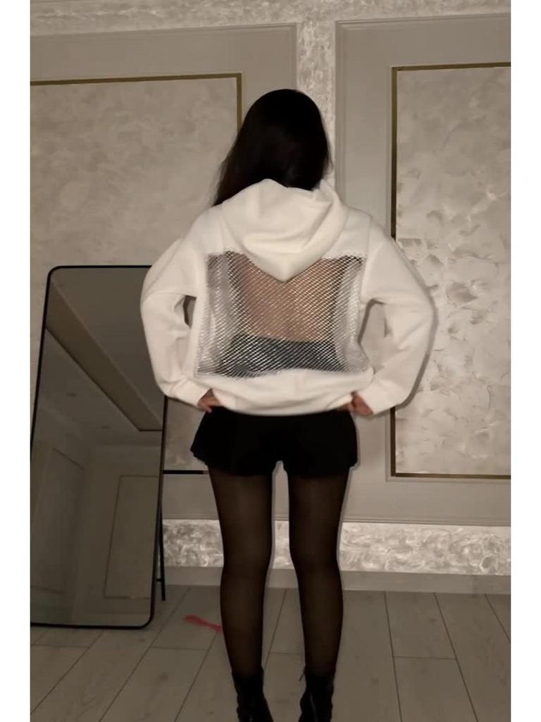 2025 Herbst/Winter Damen Kapuzenpullover mit Netz und Rückenausschnitt, einfarbig