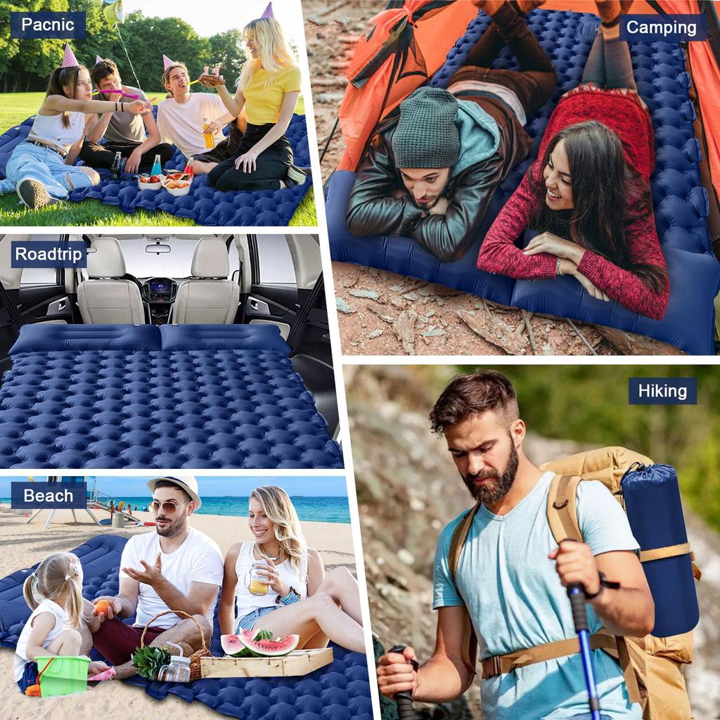 Double Sleeping Pad for 2 Person, Thick Inflatable Camping Mat with Built-in Foot Pump & Pillow, Compact Air Mattress for Hiking, Backpacking, Tent