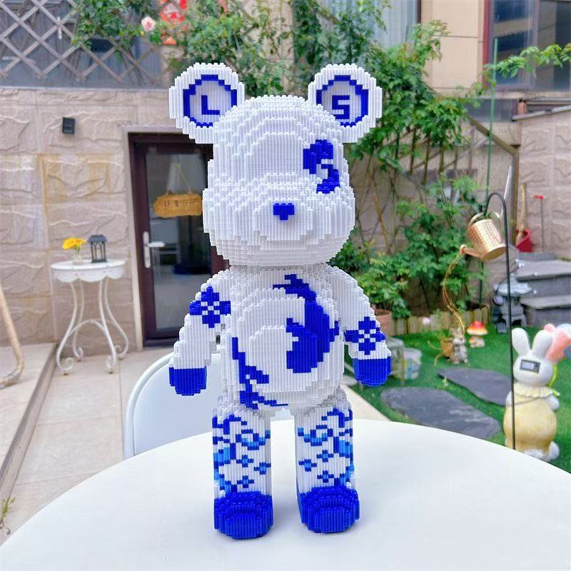 Novo Estilo Chinês Padrão de Vaso de Porcelana Azul e Branco Modelo de Urso 3D Bloco de Construção Montagem de Partículas Pequenas Quebra-cabeça Infantil Brinquedo