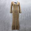 Spring Fall Women Dress Button Decor V Neck Knitted Long Sleeves Slim Fit Patchwork Fishtail Hem Solid Color Stretchy Maxi Dress