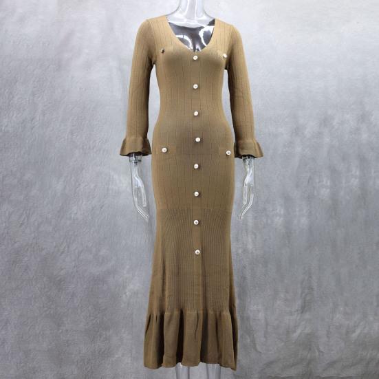 Spring Fall Women Dress Button Decor V Neck Knitted Long Sleeves Slim Fit Patchwork Fishtail Hem Solid Color Stretchy Maxi Dress