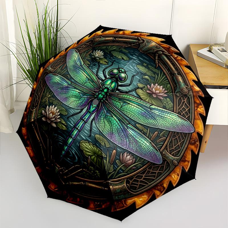 Dragonfly Pond Emblem pattern umbrella, portable and foldable design, 8 ribs, a casual accessory for Halloween, Christmas, and birthday gifts.