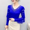 Autumn Sheer Mesh T Shirts Women Crystal Embellished V-Neck Elegant Ruffles Long Sleeves