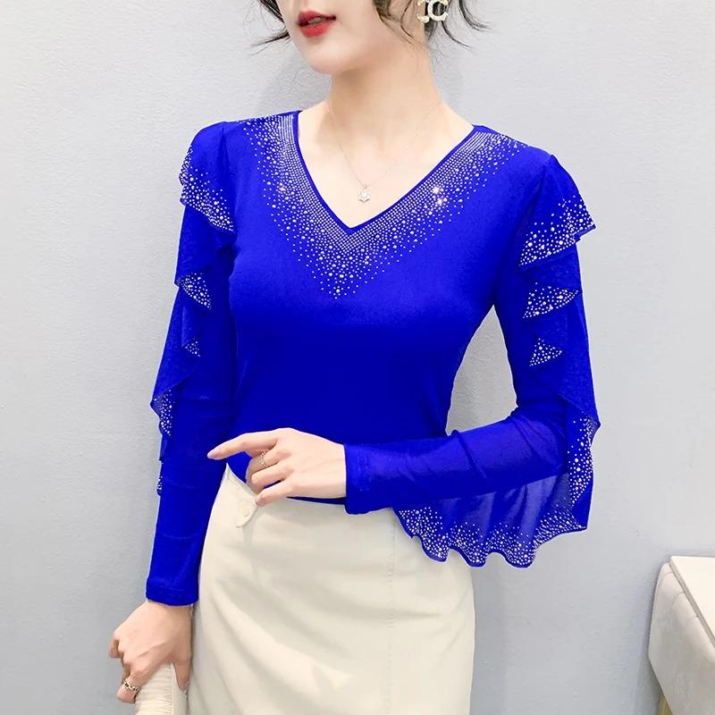 Autumn Sheer Mesh T Shirts Women Crystal Embellished V-Neck Elegant Ruffles Long Sleeves