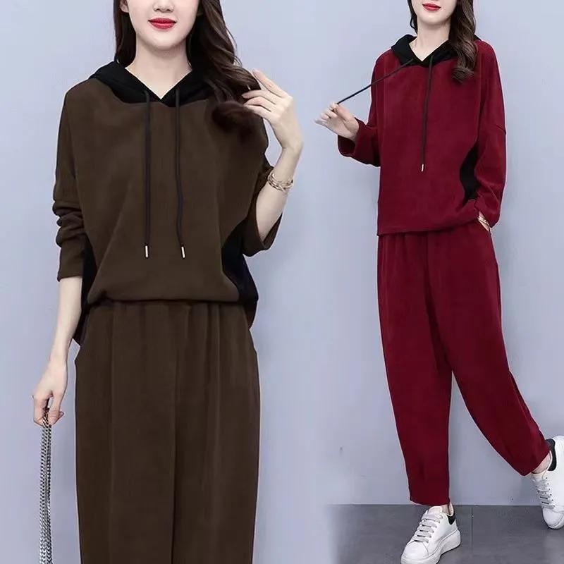 Plus Size Casual Hooded Fashion Suit Autumn Corduroy Large Size Fat Mother Slim Casual Two-piece Suit