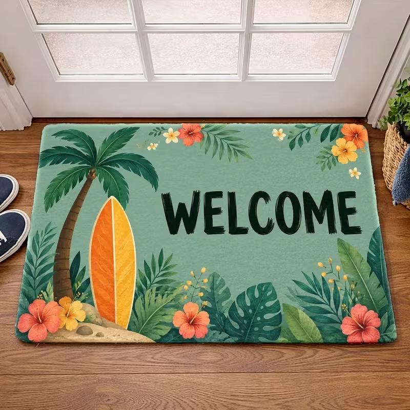 Tropical Green Leaf Welcome Letter Door Mat Non Slip Entrance Doormat Monstera Palm Leaf Pattern Floor Rug for Front Door