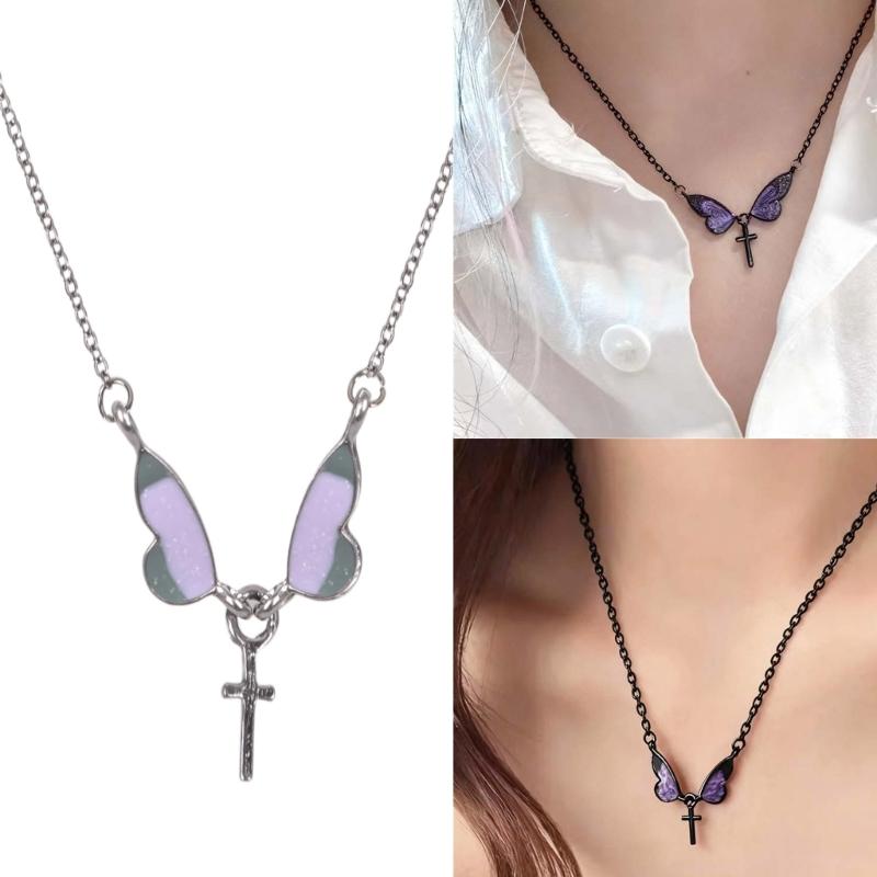 Elegant Butterfly Crosses Pendant Necklace Alloy Neckchain Fashion Accessory For Daily Wear Special Occasions